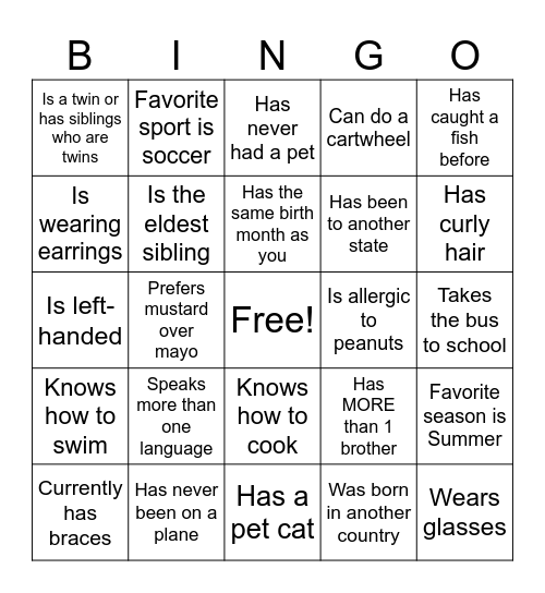 Middle School Human Bingo Card