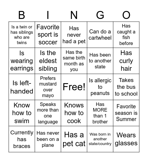 Middle School Human Bingo Card