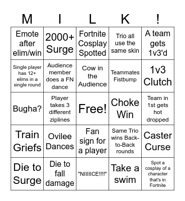 Milk Cup Bingo Card