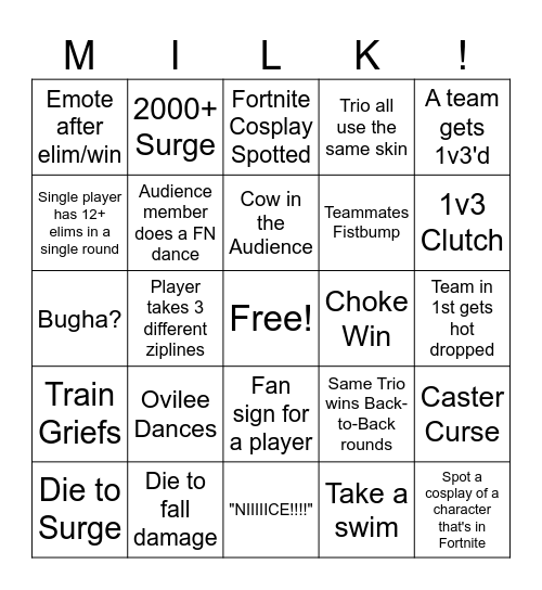 Milk Cup Bingo Card