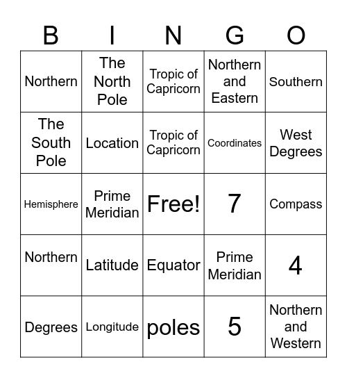 Longitude and Latitude Bingo Card