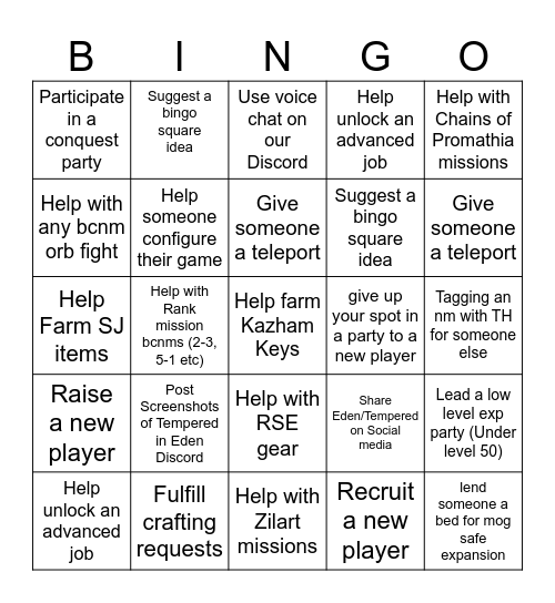 Tempered Bingo 10/2 Bingo Card