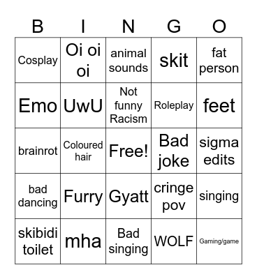 Cringe bingo Card