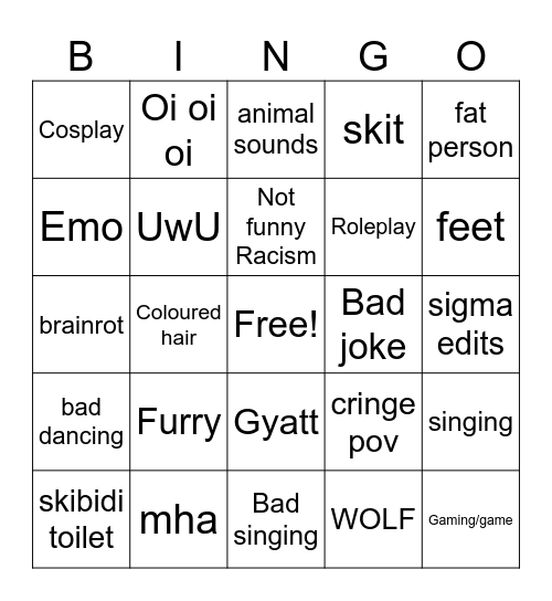 Cringe bingo Card