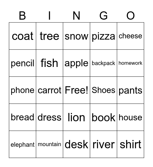 Vocabulary Bingo Card