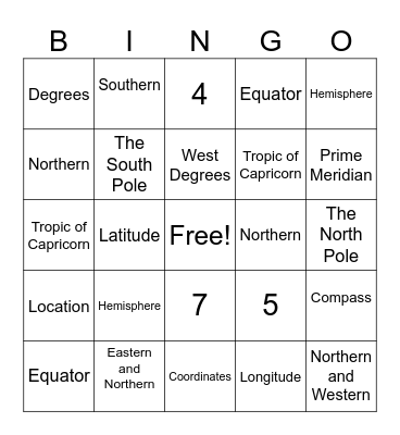 Latitude and Longitude Bingo Card