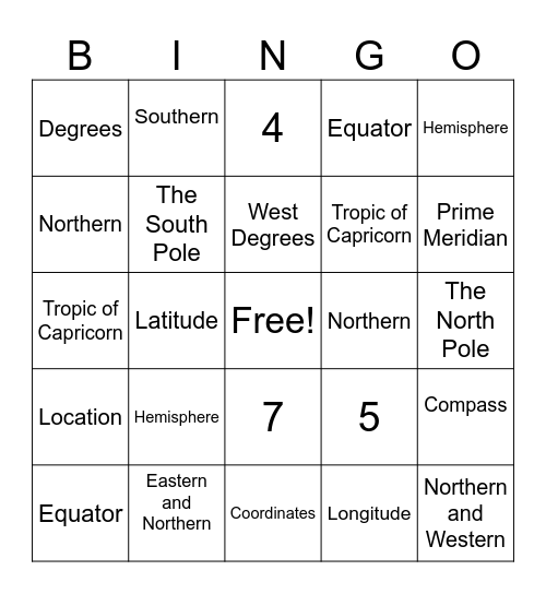 Latitude and Longitude Bingo Card