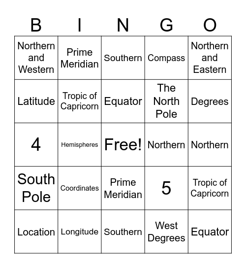 Latitude and Longitude Bingo Card