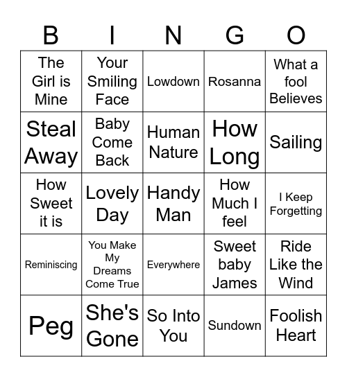 Yacht Rock #1 Bingo Card