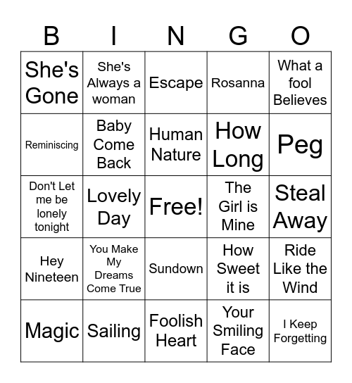 Yacht Rock Bingo Card