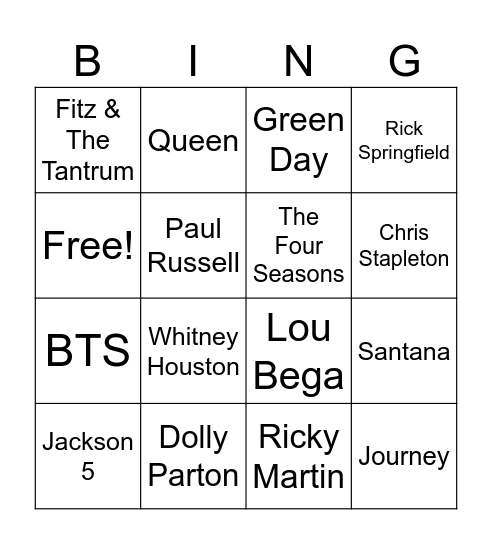 Artist Bingo Card