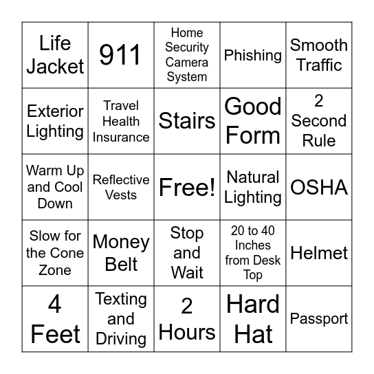 Safety Bingo Card