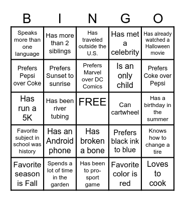 Get to Know You Bingo Card