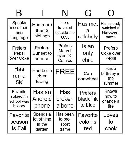 Get to Know You Bingo Card