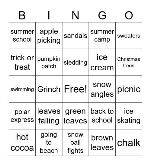 seasons Bingo Card