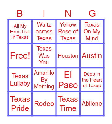 Texas songs Bingo Card