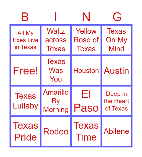 Texas songs Bingo Card