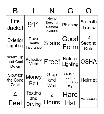Safety Bingo Card