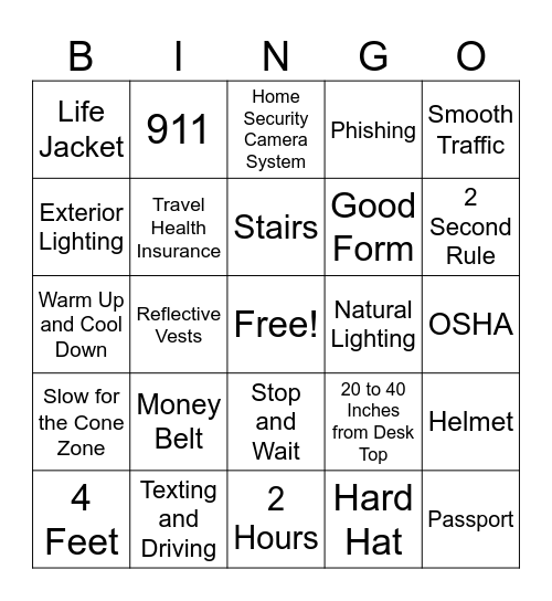 Safety Bingo Card