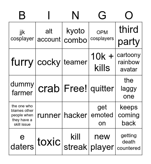 TSB bingo Card