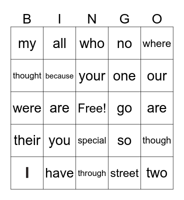 Tricky Words-2nd Grade Bingo Card