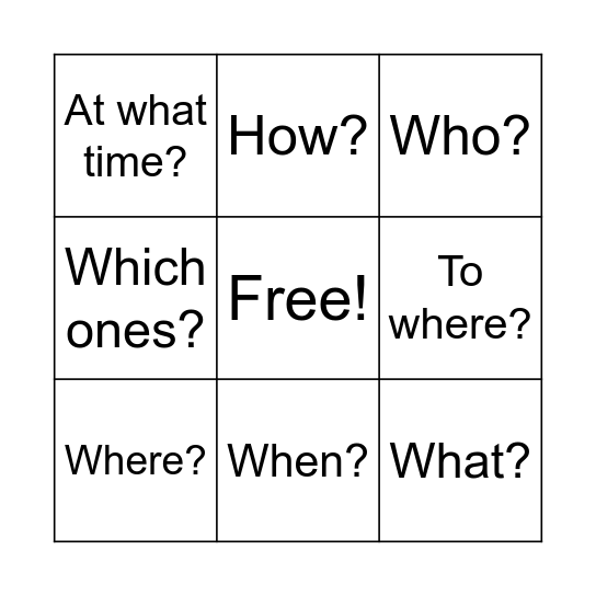 Question Words Bingo Card