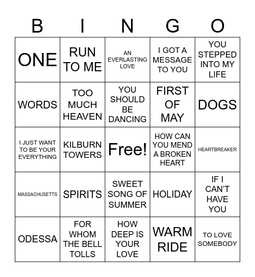 BEE GEES Bingo Card