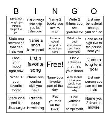 Mental Health Bingo Card