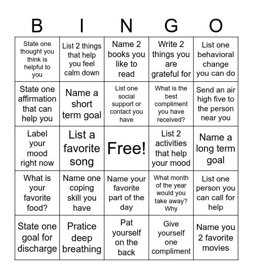 Mental Health Bingo Card