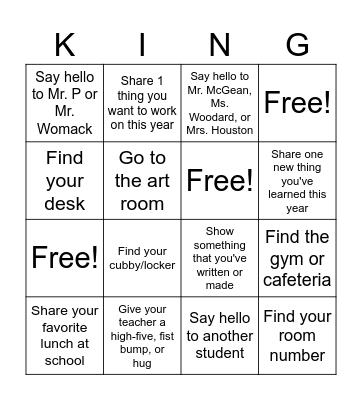 King K-6 Back to School! (10/2/2024) Bingo Card