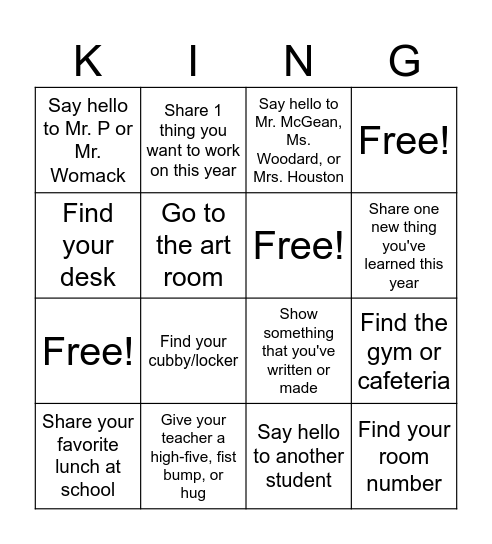 King K-6 Back to School! (10/2/2024) Bingo Card