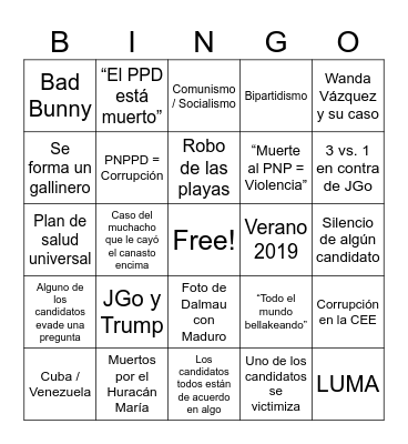 Debate Gobernación PR 2024 Bingo Card