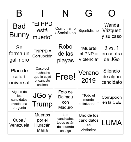 Debate Gobernación PR 2024 Bingo Card