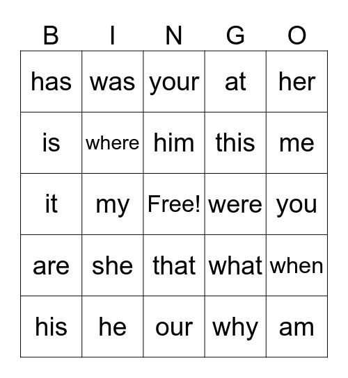 Function Words Bingo Card