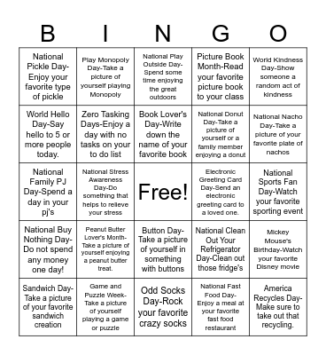 November Daily Holidays Bingo Card