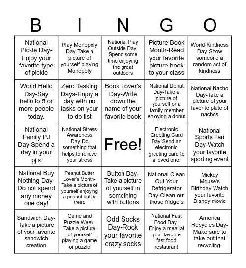 November Daily Holidays Bingo Card