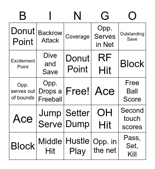 Volleyball Bingo Card