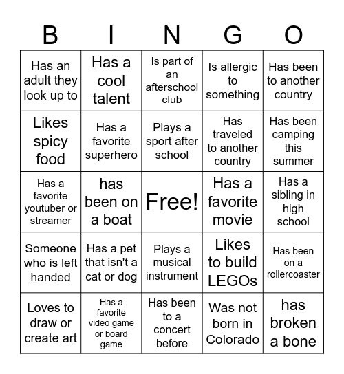 Get to Know You Bingo! Bingo Card