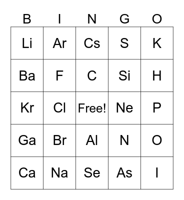 Elements of the Periodic Table Bingo Card