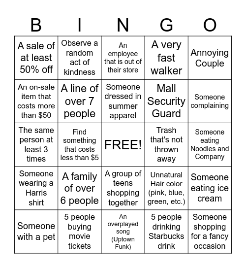 Mall Bingo Card