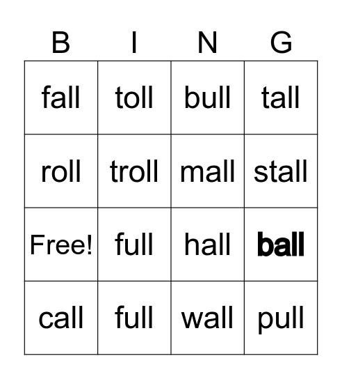 UFLI 43: -all, -oll, -ull Bingo Card