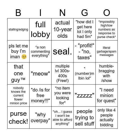 Dark Auction Bingo Card