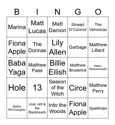 Matts, Witches, & Angsty Lady Tunes Bingo Card