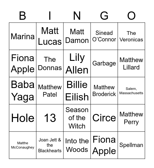Matts, Witches, & Angsty Lady Tunes Bingo Card