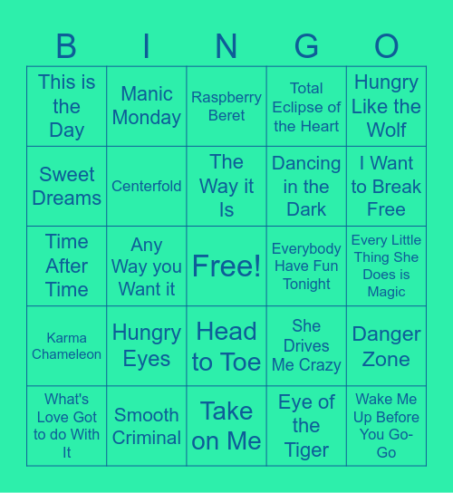 1980's Music Bingo Card