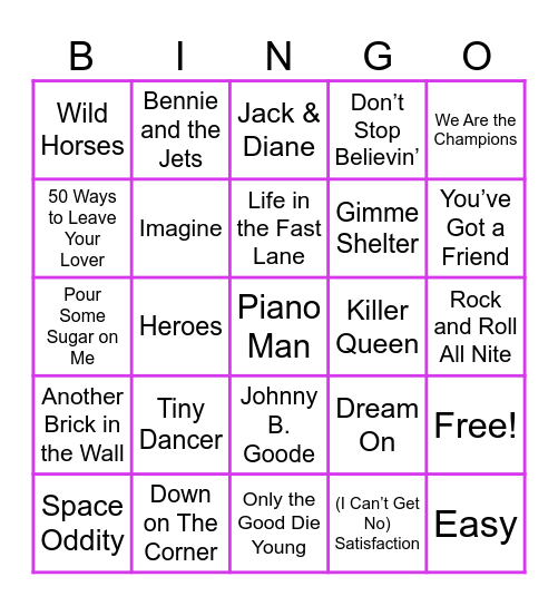 Classic Rock Music Bingo Round 2 Bingo Card