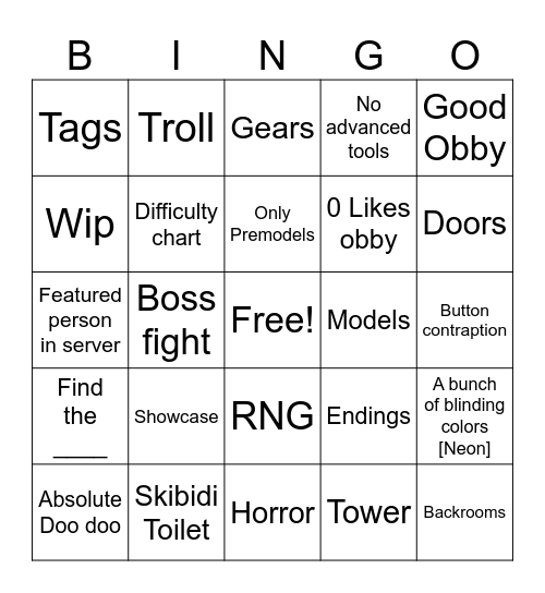 Obby Creator Bingo Card