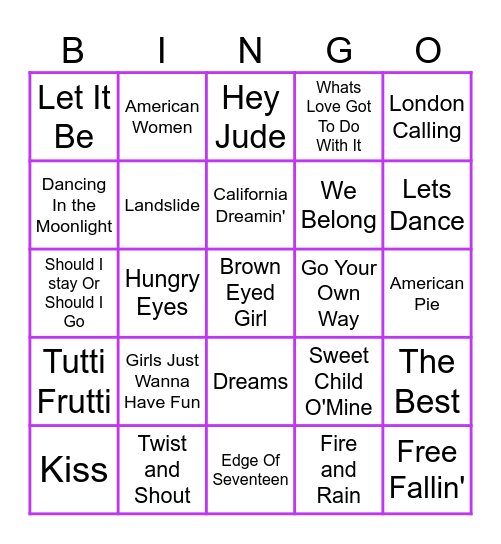 Rock And Roll MB Round 1 Bingo Card