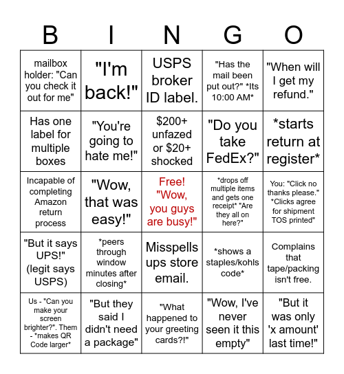 UPS Bingo from Reddit Bingo Card