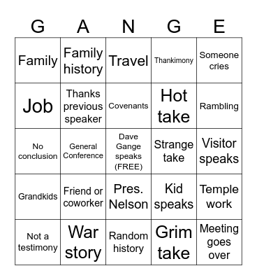 Fast and Testimony Bingo Card